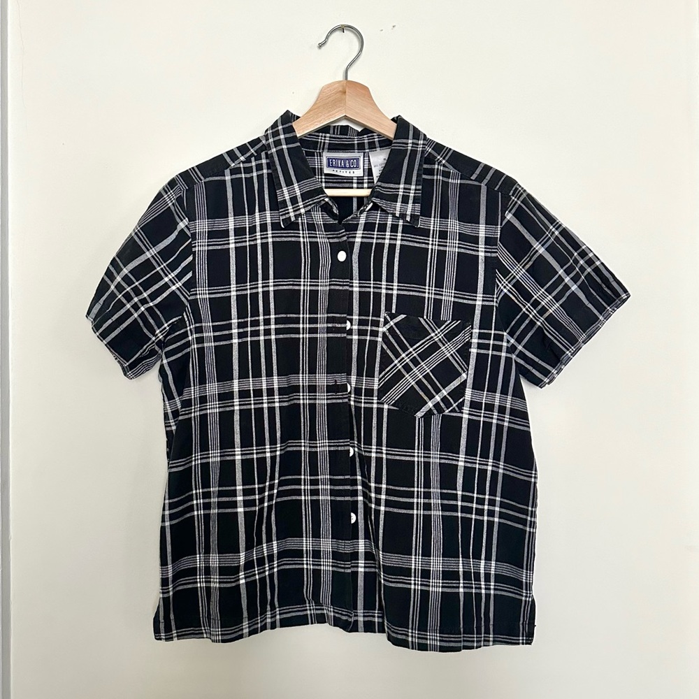 Vintage Black Plaid Blouse, L